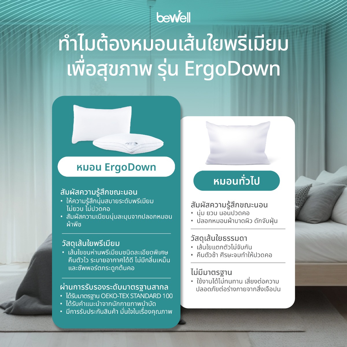 Bewell ErgoDown Pillow มีให้เลือก 4 ขนาด S M L และ King Size