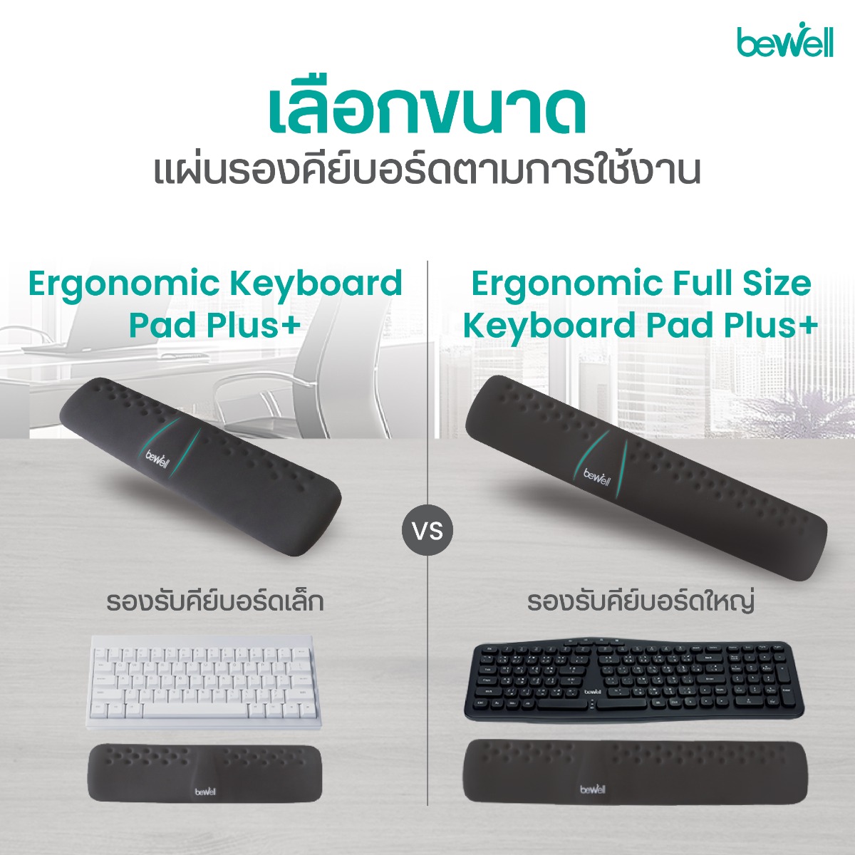 เซตแผ่นรองข้อมือ Ergonomic Plus และเม้าส์กึ่งแนวตั้ง Bewell บนโต๊ะทำงาน