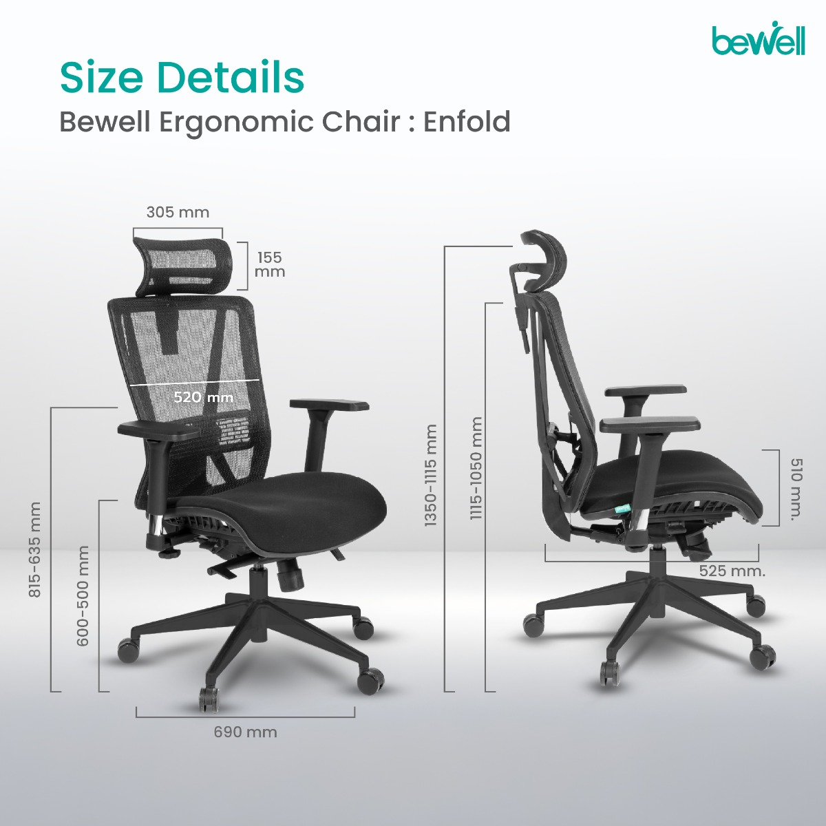 Bewell ENFOLD พนักพิงตาข่ายระบายอากาศและพนักพิงศีรษะปรับระดับ