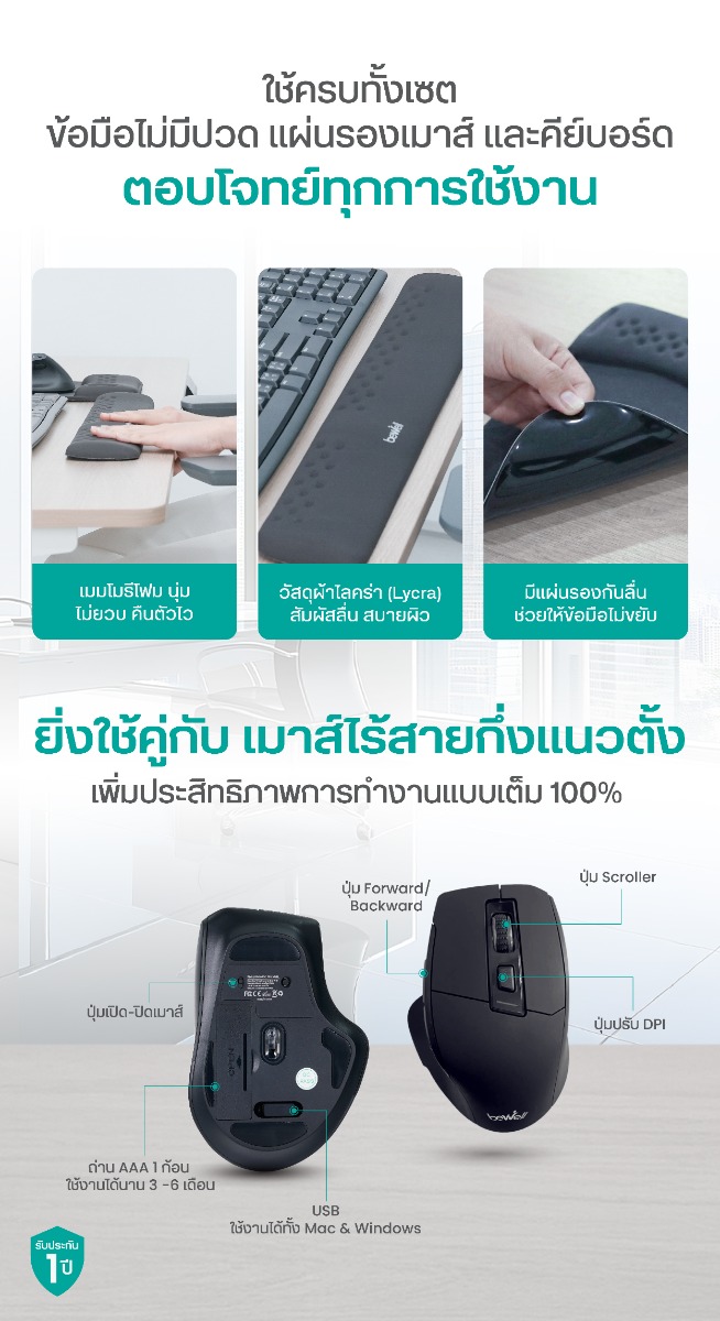 แผ่นรองเมาส์ Ergonomics Plus แผ่นรองข้อมือและคีย์บอร์ด Ergonomics Plus และเมาส์ไร้สายแนวตั้ง