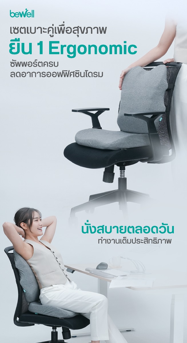Bewell Ergocushion Series เบาะรองหลัง รองนั่ง พัฒนาร่วมกับนักกายภาพ เมมโมรี่โฟมชาโคล รองรับหลังได้ดีกว่าเดิม