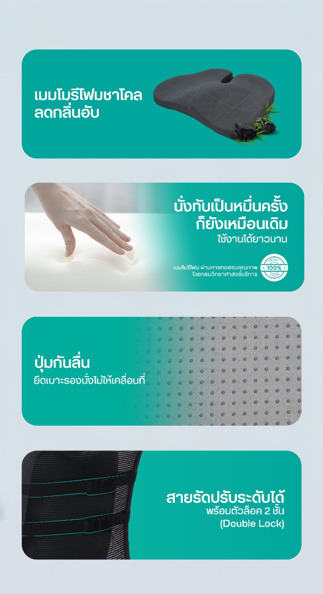 Bewell Ergocushion Series เบาะรองหลัง รองนั่ง พัฒนาร่วมกับนักกายภาพ เมมโมรี่โฟมชาโคล รองรับหลังได้ดีกว่าเดิม
