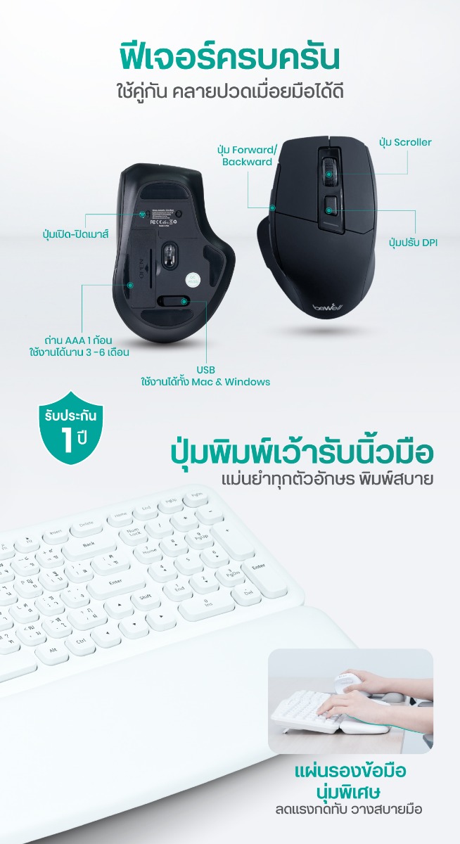 Set EK01-EC08 Bewell เซตคีย์บอร์ดและเมาส์กึ่งแนวตั้งไร้สายเพื่อสุขภาพ