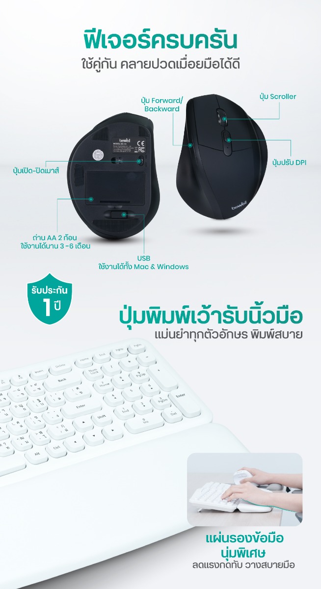 Set EK01-EC10 Bewell เซตคีย์บอร์ดและเมาส์กึ่งแนวตั้งไร้สายเพื่อสุขภาพ