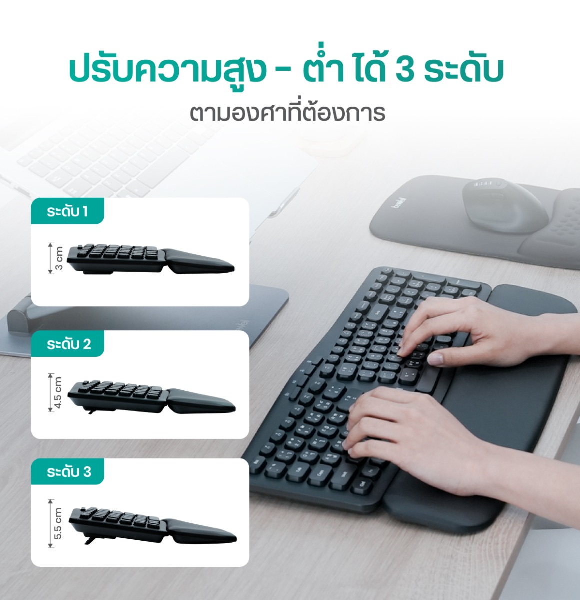 Set EK01-EC10 Bewell เซตคีย์บอร์ดและเมาส์กึ่งแนวตั้งไร้สายเพื่อสุขภาพ