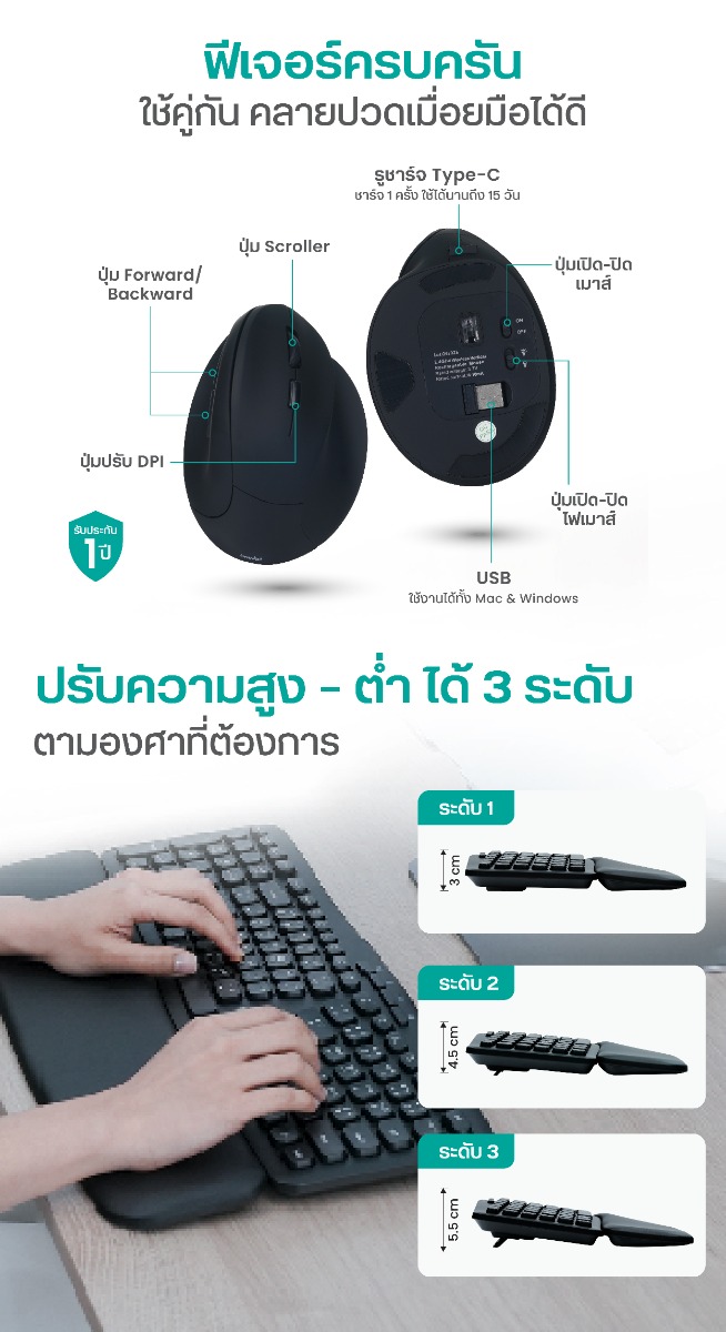 Set EK01-EC07 Bewell เซตคีย์บอร์ดและเมาส์แนวตั้งไร้สายเพื่อสุขภาพ