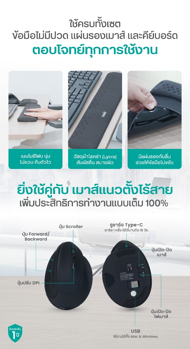 แผ่นรองเมาส์ Ergonomics Plus แผ่นรองข้อมือและคีย์บอร์ด Ergonomics Plus และเมาส์ไร้สายแนวตั้ง