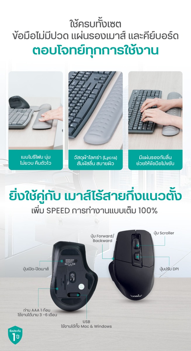 Bewell เซตเมาส์ไร้สายกึ่งแนวตั้ง แผ่นรองเมาส์ และข้อมือ เพื่อสุขภาพ