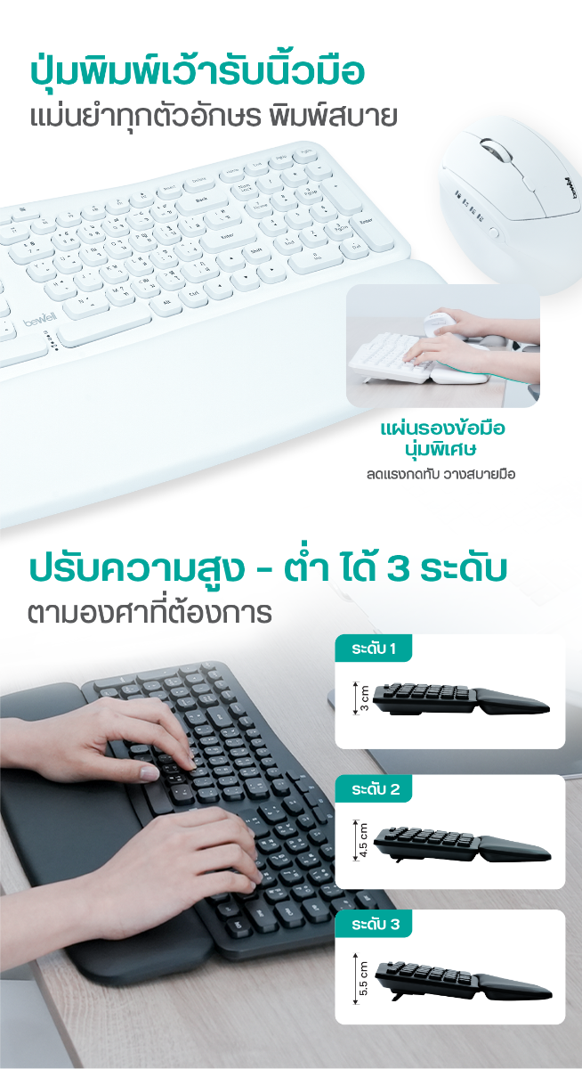 Set EK01-EC09 Bewell เซตคีย์บอร์ดและเมาส์แนวตั้งไร้สายเพื่อสุขภาพ