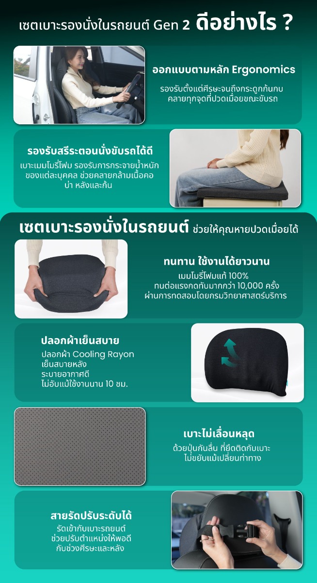 เซตเบาะรองนั่งในรถยนต์ Gen2 หมอนรองคอ เบาะรองหลัง เบาะรองนั่ง