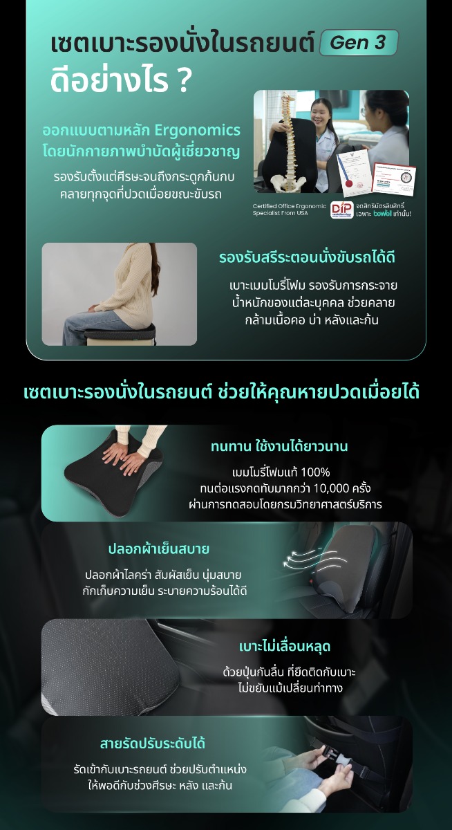 เซตเบาะรองนั่งในรถยนต์ Gen 3 หมอนรองคอ เบาะรองหลัง เบาะรองนั่ง