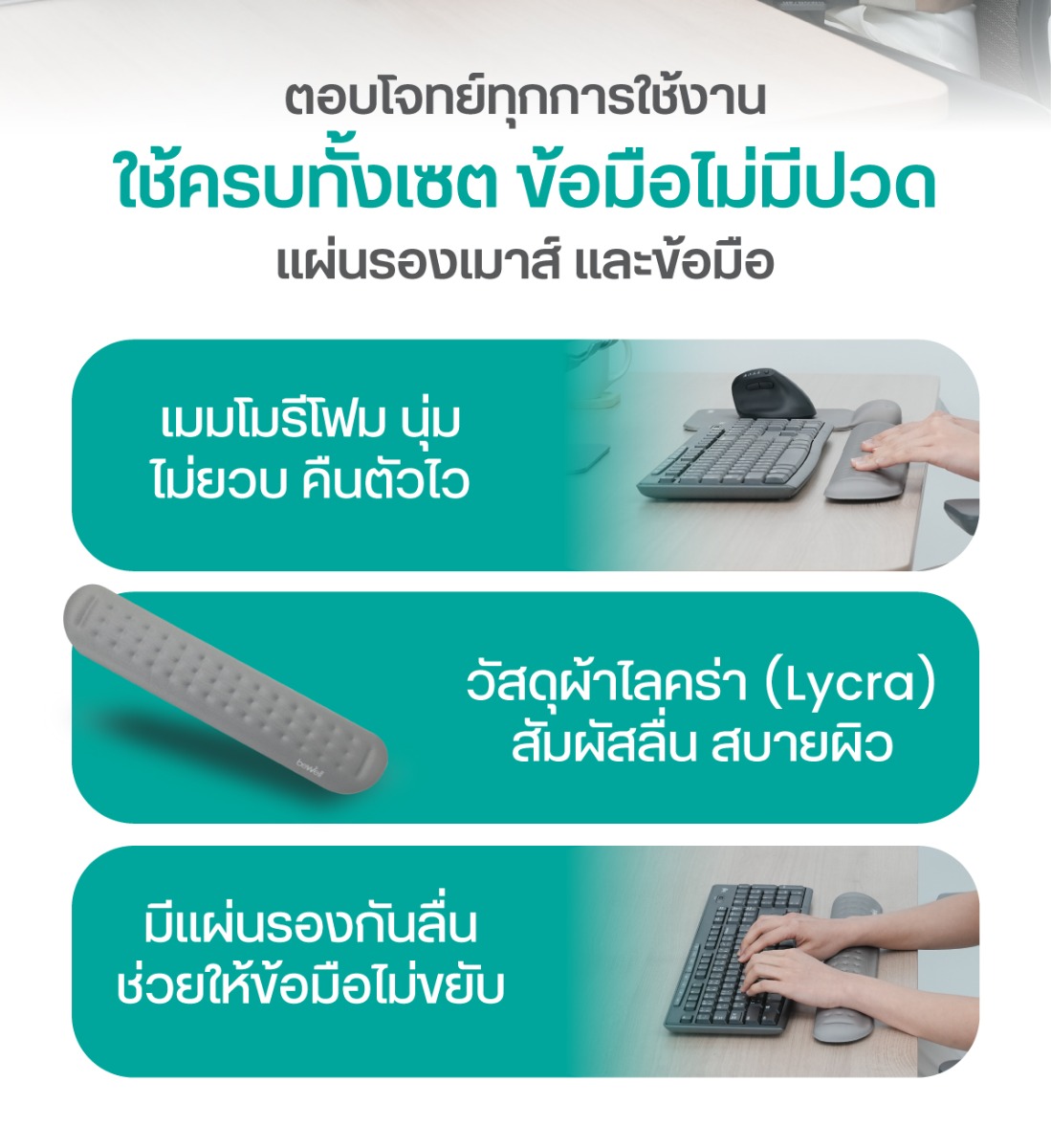 Bewell เซตเมาส์ไร้สาย กึ่งแนวตั้งเพื่อสุขภาพ GEN 3 แผ่นรองเมาส์ และข้อมือ เพื่อสุขภาพ